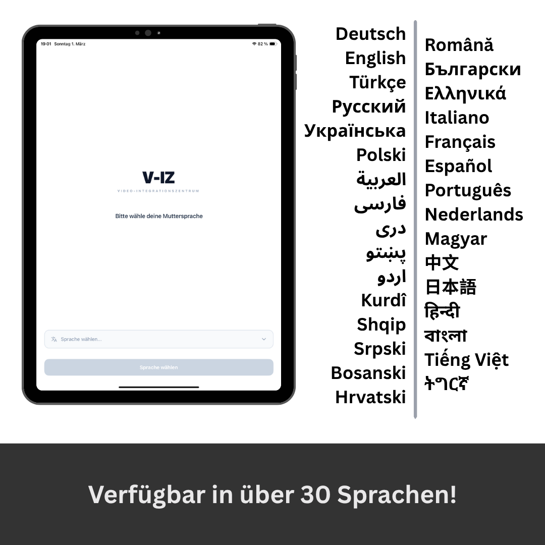 The V-IZ app explains German in over 30 native languages, from language selection to the lesson.